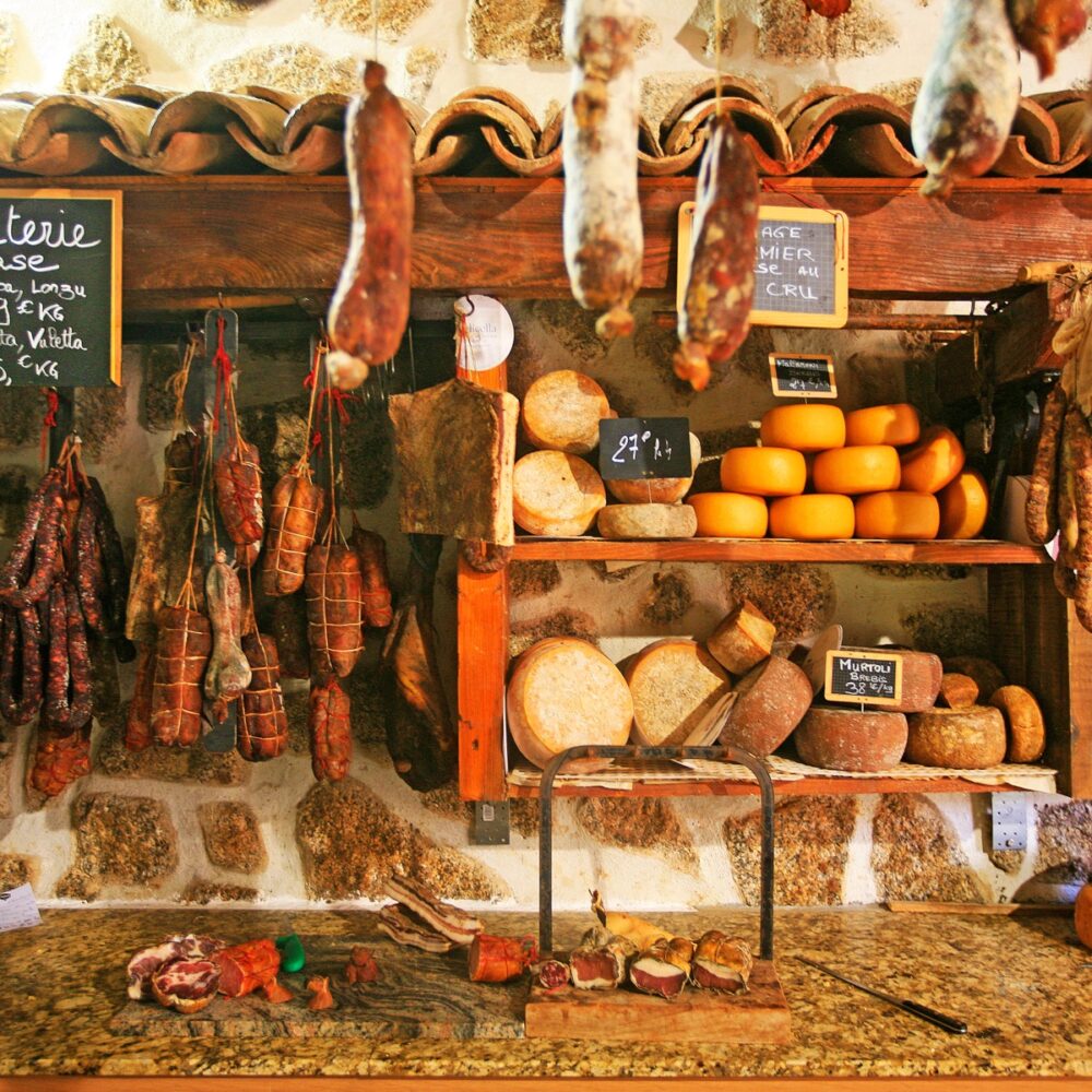 Sartene, Corsica island / France - April, 15, 2018 : Delicatessen shop with delicious corsican products, Sartene, Corsica island, France