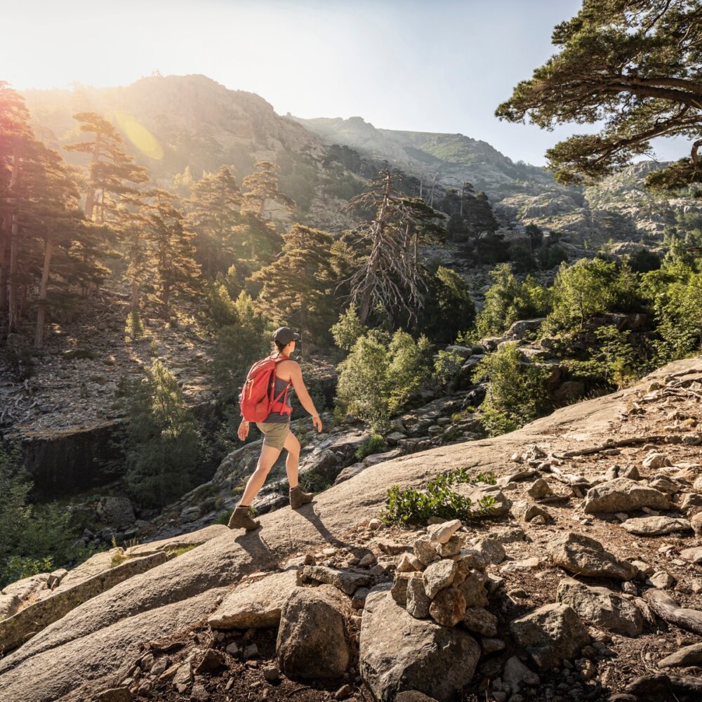 Female hiker during hike- albertacce- haute-corse- corsica- france